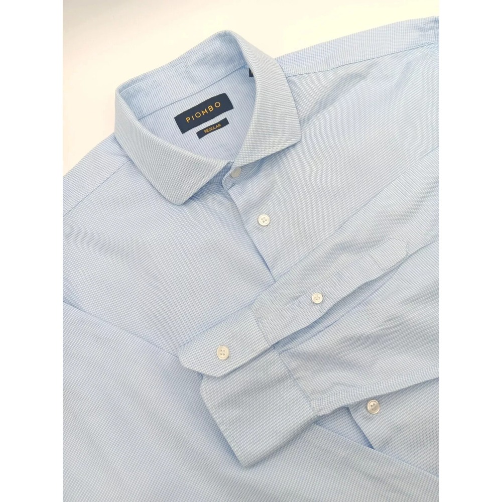 Piombo Mens Blue Geometric Regular Fit Dress Shirt 17x35 Italy Cotton U409